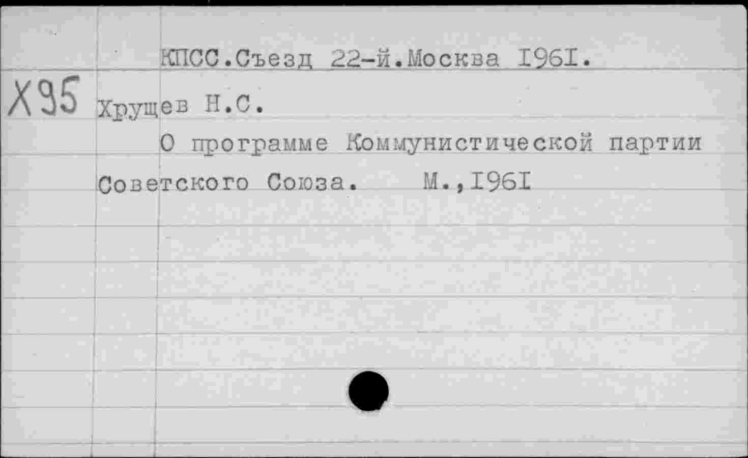 ﻿	КПСС.Съезд 22-й.Москва 1961.
	Хрущев Н.С.
	О программе Коммунистической партии
	Советского Союза.	М.,1961
	
	
	
	
	
	•
	